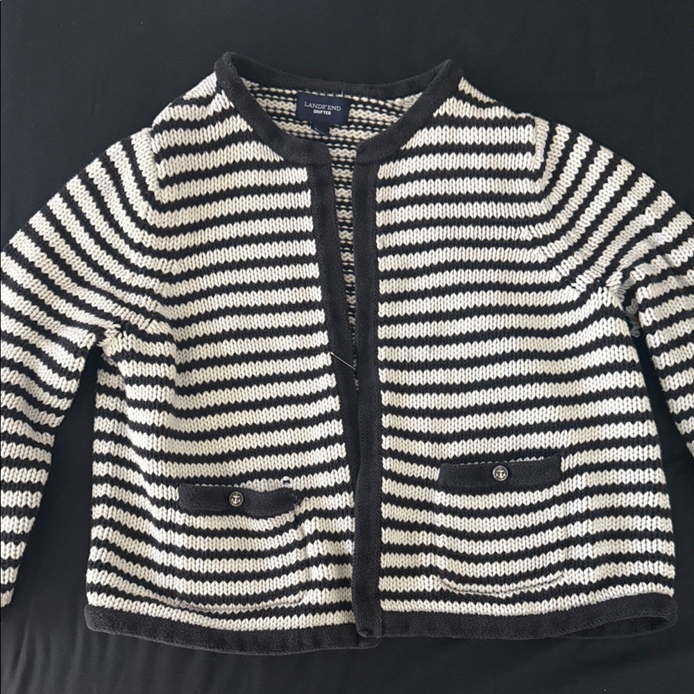 Lands' End Black and White Striped Cardigan